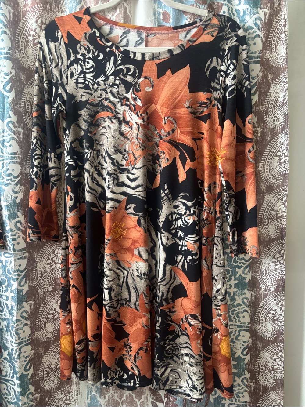 Womens Black Floral Orange Swing Dress
